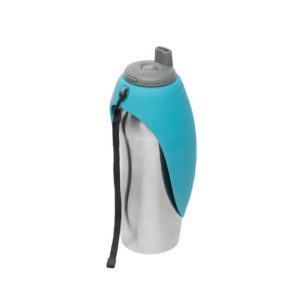 Messy Mutts Travel Water Bottle with Silicone Flip Up Bowl, Blue