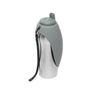 Messy Mutts Travel Water Bottle with Silicone Flip Up Bowl, Cool Grey