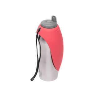 Messy Mutts Travel Water Bottle with Silicone Flip Up Bowl, Watermelon